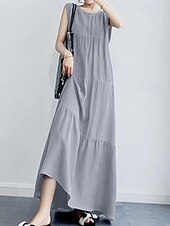 abordables Robes-Femmes Robe Longue Maxi Robe Robes inspirées du lin Robe Décontractée Mode Classique Moderne Vacances Sortir Week-end Coupe régulière Uni Sans manches Col ras du cou Noir Vert Gris Été