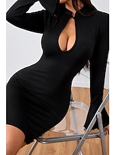 abordables Robes moulantes de soirée-Femmes Mini Robe Moulant Robe Cheongsam Mode Vacances Fête Week-end Coupe régulière Uni manche longue Col montant Noir Été