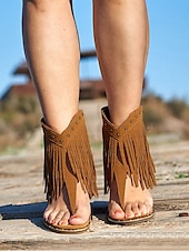billiga Semester Sandaler-damsandaler i boho-stil med bruna fransar – trendiga och flytande skor för musikfestivaler, strandpromenader och avslappnade utomhussammankomster