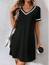 preiswerte Einfaches Kleid-Womens Mini Kleid A Linie Kleid T Shirt Kleid Tee Kleid Lässig Urlaub Täglich Reguläre Passform Grafik Gestreift Kurze Ärmel Rundhalsausschnitt Schwarz Sommer Frühling