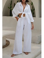 cheap Essential Faux Co-ord Sets-Women's Shirt Two Piece Sets Pants Sets Long Sleeve Shirt Collar Solid Color Dubbele Rij Knopen Fashion Basic Vacation Casual Daily White Red Dark Navy Summer Regular Fit