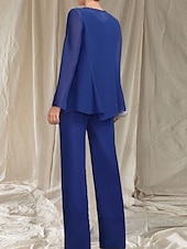 cheap Floor Length-Jumpsuit / Pantsuit 3 Piece Mother of the Bride Dress Wedding Guest Elegant Crew Neck Floor Length Chiffon Long Sleeve with Beading