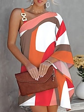 preiswerte Blumenkleid-Damen Mini Kleid Shift-Kleid Off-the-Shoulder Kleid Lässig Glockenärmel Urlaub Straße Lässig reguläre Passform Grafik Langarm asymmetrisch Schwarz und Weiß Schwarz Marineblau Orange