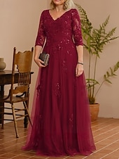 cheap Floor Length-A-Line Mother of the Bride Dress Wedding Guest Elegant V Neck Floor Length Lace Tulle 3/4 Length Sleeve with Beading Appliques 2025