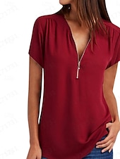 cheap Plain tee-Women&#039;s T Shirt Solid Color Plain Fashion Modern Casual Short Sleeve V Neck Regular Tops Daily Weekend Zipper Black White Pink Wine Royal Blue Summer