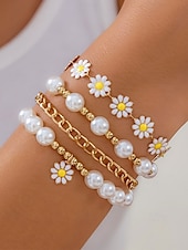 cheap Women&#039;s Bracelet-&quot;Boho Daisy Pearl Bracelet Set for Women – Gold Chain &amp; Beaded Layered Bracelets, Cute Floral Jewelry for Summer, Beach, Festivals and Casual Wear&quot;