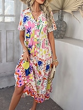 billiga Blommiga klänningar-Kvinnors Maxi Klänning A Linje Klänning Fit Och Flare Klänning Avslappnad Semester Daglig Regular Fit Grafisk Kort Ärmar V Hals Vit Gul Rosa Khaki Sommar
