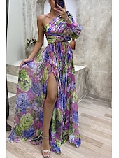 cheap Elegant Floral Dresses-Women&#039;s Long Dress Maxi Dress Prom Dress Party Dress Print Dress Elegant Fashion Party Special Occasion Regular Fit Flower Long Sleeve One Shoulder Yellow Purple Green Summer