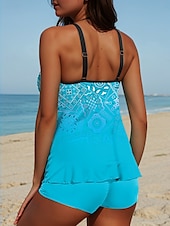 billiga Tankinis-Kvinnors Baddräkter Tankini 2 Delad Shorts Baddräkt Rygglös Semester Strand Kläder Ombre Grafisk U-Hals Ärmlös Badkläder