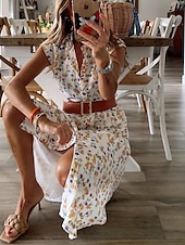 abordables Robes fleuries décontractées-Femme Robe mi-longue Robe chemise Robe imprimée Classique Vacances du quotidien Standard Fleur Sans Manches Col V Jaune Eté