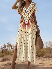 tanie Sukienki boho-Sukienka maxi damska sukienka letnia w kształcie litery A na wakacje casualowa codzienna regularny krój kwiatowy wzór graficzna krótki rękawek dekolt w kształcie litery V jasny żółty wiosna jesień