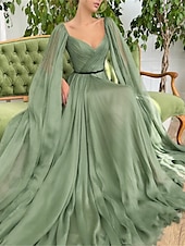 cheap GREEN-A-Line Evening Gown Elegant Dress Wedding Party Court Train Sleeveless V Neck Fall Wedding Guest Chiffon with Ruched