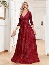 billiga Aftonklänningar-A-linjade Quinceanera Klänningar Elegant Klänning Bröllop Bröllop Gäst Golvlång 3/4 Lång Ärm V-hals Bomull med Strass