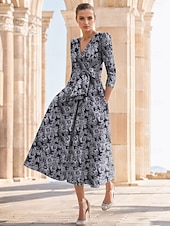 olcso Koktélruhák-Jacquard A-vonalú Koktélruhák Elegáns Ruha Esküvői Vendég Templomi Bokáig Érő Fél Ujjú V Nyakú Sifon Virágos Masnival Esküvői Vendég Ruha