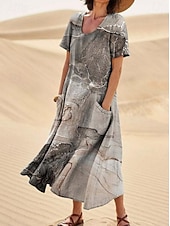 abordables Robes fleuries-Femmes Robe Midi Robe d&#039;Été Robe trapèze Vacances Occasionnel Boho Sortir Plage Graphique Manche Courte Col Rond Frêne Bleu Orange Vert Été Printemps
