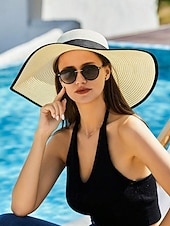 billiga Kvinnors hattar-elegant solhatt med bred brätte för kvinnor – sommarhatt i stråhatt med svart rosett, UV-skydd, hopfällbar floppy hatt för semester, trädgårdsfester och utomhusresor