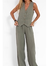 cheap Sets-Women&#039;s Active Basic Linen-Inspired Sets Two Piece Sets Blouse Sleeveless V Neck Solid Color Dubbele Rij Knopen Vacation Casual Daily Black White Wine Summer Regular Fit