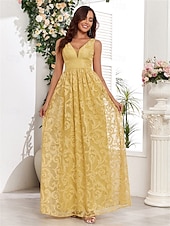 economico Semi-formale / Cocktail-Abiti A-Line per Quinceanera abito elegante matrimonio invitata a matrimonio lunghezza fino al pavimento senza maniche scollo a V in pizzo con pieghe