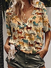 abordables Kentucky top-Derby du Kentucky Femmes T-shirt Graphique ancien Occasionnel Manche Courte Col en V Hauts Réguliers Quotidien Week-end Imprimé Jaune Rouge Gris Été