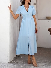 preiswerte Einfaches Kleid-Damen Maxi Kleid A-Linie Kleid Einfarbig Fit And Flare Kleid Puffärmelkleid Lässig Urlaub Täglich Reguläre Passform Grafik Kurzarm V-Ausschnitt Schwarz Gelb Pink Himmel Blau Sommer