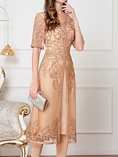 preiswerte Teelänge-Kleid Brautmutterkleid Hochzeitsgast Elegant Chinesischer Stil V Ausschnitt Knielang Polyester Baumwollmischung Halbarm mit Stickerei 2025