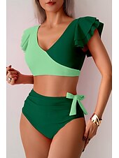 preiswerte Bikini-Sets-Damen Badeanzug Bikini Bademode Hoch tailliert Tropisch Strandbekleidung Farbblock V-förmiger Draht-Ausschnitt Ärmellos Badeanzüge