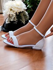 abordables Occasionnel-sandales de mariage plates en perles blanches pour femmes - chaussures de mariée élégantes avec bride à la cheville