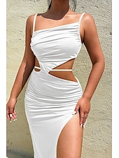 economico Abiti di Laurea-Per donna Abito Midi Abito Bianco Abito da laurea Abito Sottoveste Moda Compleanno Laurea Data Vestibilità regolare Semplice Senza Maniche Spalline sottili Rosa chiaro Nero Bianco Giallo Estate