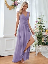 preiswerte Bodenlänge-Kleid Brautmutterkleid Elegant Party V Ausschnitt Bodenlang Chiffon Ärmellos mit Falten 2025
