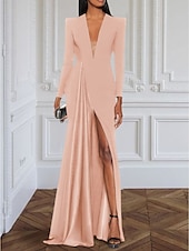 baratos PRETO-Vestido de noite em A-line vestido elegante formal cauda de arraste mangas longas gola em V crepe elástico com pregas fenda