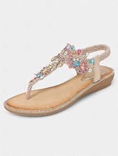 preiswerte Braut-Flache Sandalen mit goldenen Strasssteinen für Damen – elegante T-Riemen-Sandalen im Bohème-Stil für den Sommer, den Strandurlaub und Freizeitausflüge