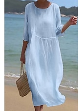 cheap Dresses-Women&#039;s Midi Dress Cotton Linen Dresses Casual Dress Fashion Basic Classic Daily Beach Weekend Regular Fit Plain Half Sleeve Crew Neck White Pink Light Blue Summer