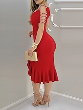 abordables Robes moulantes de soirée-Femmes Robe Midi Moulant Élégant Formel Date Coupe régulière Couleur Unie Manche Courte Col en U Noir Rouge Bleu Fuchsia Été