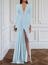 baratos PRETO-Vestido de noite em A-line vestido elegante formal cauda de arraste mangas longas gola em V crepe elástico com pregas fenda