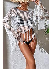 cheap Blouses &amp; Shirts-Women&#039;s Blouse Plain Modern Casual Long Sleeve Crew Neck Regular Tops Daily Holiday Going out Hollow Out Fringe Black White Green Summer
