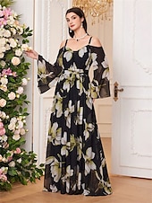 preiswerte Unter 129,99 $-Kleid Mutter der Braut Kleid Elegant Lässig V-Ausschnitt Bodenlange Chiffon Langarm mit Band  Bänder Falten Hochzeitsgast Kleid