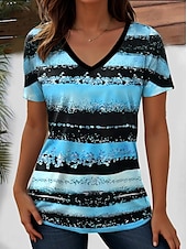 billige Stripe og geometrisk t-skjorte-Dame T skjorte hav Stripet Fritid Kortermet V-hals Vanlige topper Daglig Ut på byen Helg Trykt mønster Gul Rosa Blå Lilla Oransje Sommer