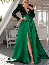 preiswerte GRÜN-A-Linie Abendkleid Glitzer Kleid Abendparty Prom Boden/Busch Schleppe Langarm V-Ausschnitt Pailletten mit Glitzer Pailletten Schlitz