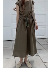 economico disegnare abiti in cotone e lino-Per donna Abito Midi Abiti in cotone e lino Moda Classico Moderno All&#039;aperto Quotidiano Ferie Vestibilità regolare Semplice Senza Maniche Girocollo Nero Verde chiaro Verde militare Blu marino Estate