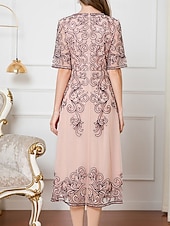 preiswerte Teelänge-Kleid Brautmutterkleid Hochzeitsgast Elegant Chinesischer Stil V Ausschnitt Knielang Polyester Baumwollmischung Halbarm mit Stickerei 2025
