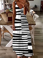 ieftine Rochii cu dungi și geometrice-Pentru femei Rochie Maxi Rochie A line Rochie de vară Rochie Slip Vacanță Casual Fit regulat Grafic Dunga Fără manșon În V Negru și Alb Vară Primăvară