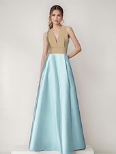 baratos Rosa-Vestido de noite em linha A, elegante, com blocos de cores, costas vazadas, formal, casamento, comprimento até o chão, sem mangas, decote em V, cetim com bolso lateral 2025