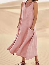 abordables Robes-Femmes Robe Midi Robes en coton et lin Robe en coton et lin Mode Classique Vacances Sortir Week-end Coupe régulière Uni Sans manches Col ras du cou Blanche Rose Claire Orange Kaki Été