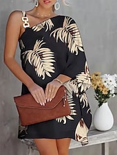 preiswerte Blumenkleid-Damen Mini Kleid Shift-Kleid Off-the-Shoulder Kleid Lässig Glockenärmel Urlaub Straße Lässig reguläre Passform Grafik Langarm asymmetrisch Schwarz und Weiß Schwarz Marineblau Orange