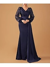 preiswerte BLAU-Trompete / Meerjungfrau Abendkleider Elegant Kleid Leistung Gala Pinsel Schleppe Langarm V Ausschnitt Gürtel / Schärpe Charmeuse mit Glitzer Gerafft Paillette 2025