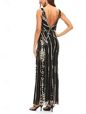 preiswerte Bodenlänge-Kleid Mutter der Braut Kleid Elegantes Partykleid V-Ausschnitt Bodenlänge Polyester Ärmellos mit Pailletten