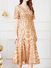 preiswerte Teelänge-A-Linie Kleid Mutter der Braut Kleid Elegant Vintage Party V-Ausschnitt Tee-Länge Kordelspitze Kurzarm mit Spitze Pailletten Midi Kleid