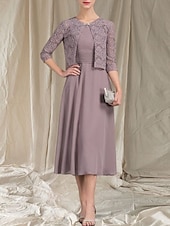 abordables Longueur du thé-Robe Mère de la Mariée A-Line Deux Pièces Invité de Mariage Élégante Col Arrondi Longueur Thé Chiffon Dentelle Manches 3/4 avec Robe Midi Ruchée en Dentelle 2025
