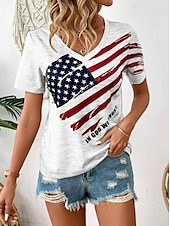 billige Uavhengighetsdag Topp-Kvinnens patriotiske bluse flagg uformell rød hvit og blå kortermet V-hals vanlig topp daglig trykk hvit sommer vår