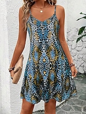 billige Kunst og Design Kjoler-Dame Mini kjole Kjole med A-linje Slipkjole Off The Shoulder-kjole Ferie Fritid Feriereise Daglig Normal Grafisk Leopard Ermeløs V-hals Kongeblå Blå Lilla Grønn Sommer